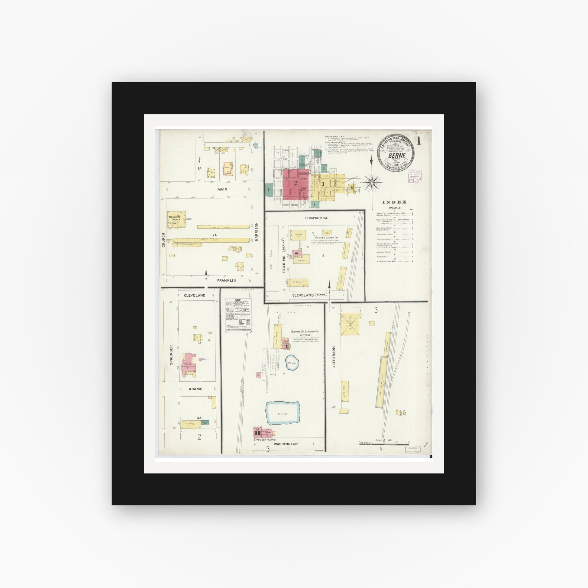 Old map wall art mockup — black gallery frame with white mat — Sanborn Fire Insurance Map from Berne, Adams County, Indiana (1907) - Complete Map Set
