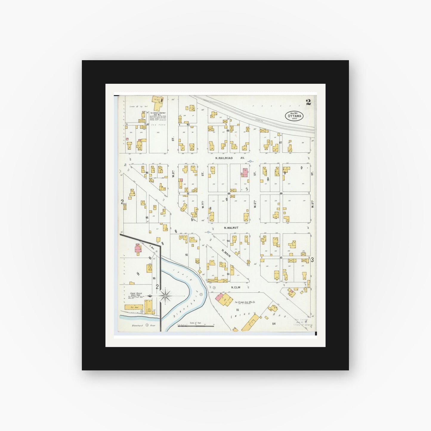 Old map wall art mockup — black gallery frame with white mat — Sanborn Fire Insurance Map from Ottawa, Putnam County, Ohio (1900), Sheet #0002