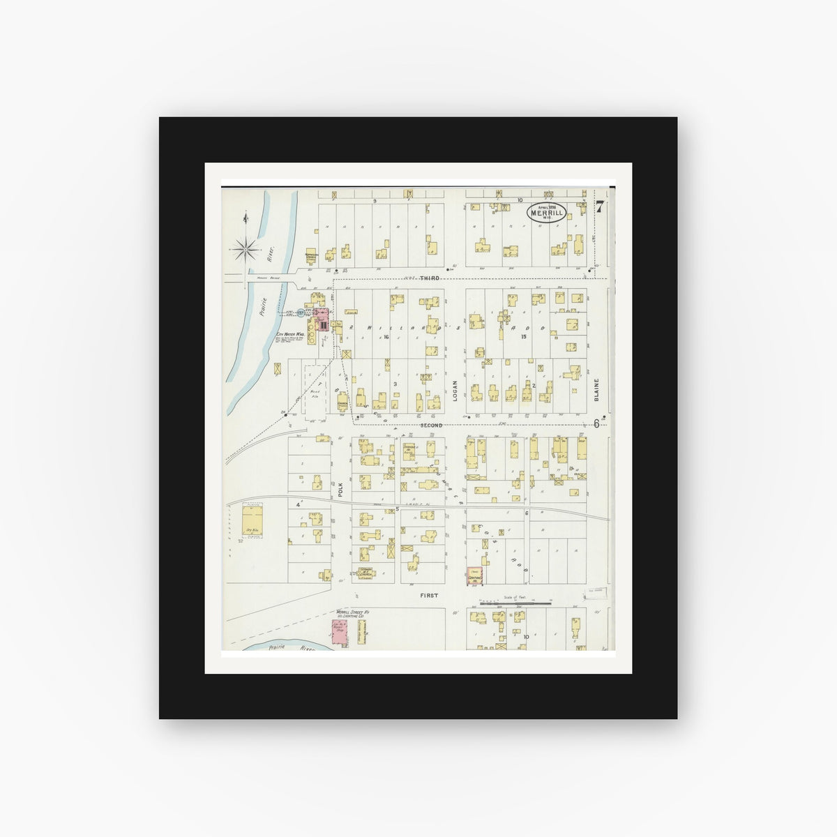 Old map wall art mockup — black gallery frame with white mat — Sanborn Fire Insurance Map from Merrill, Lincoln County, Wisconsin (1898), Sheet #0007