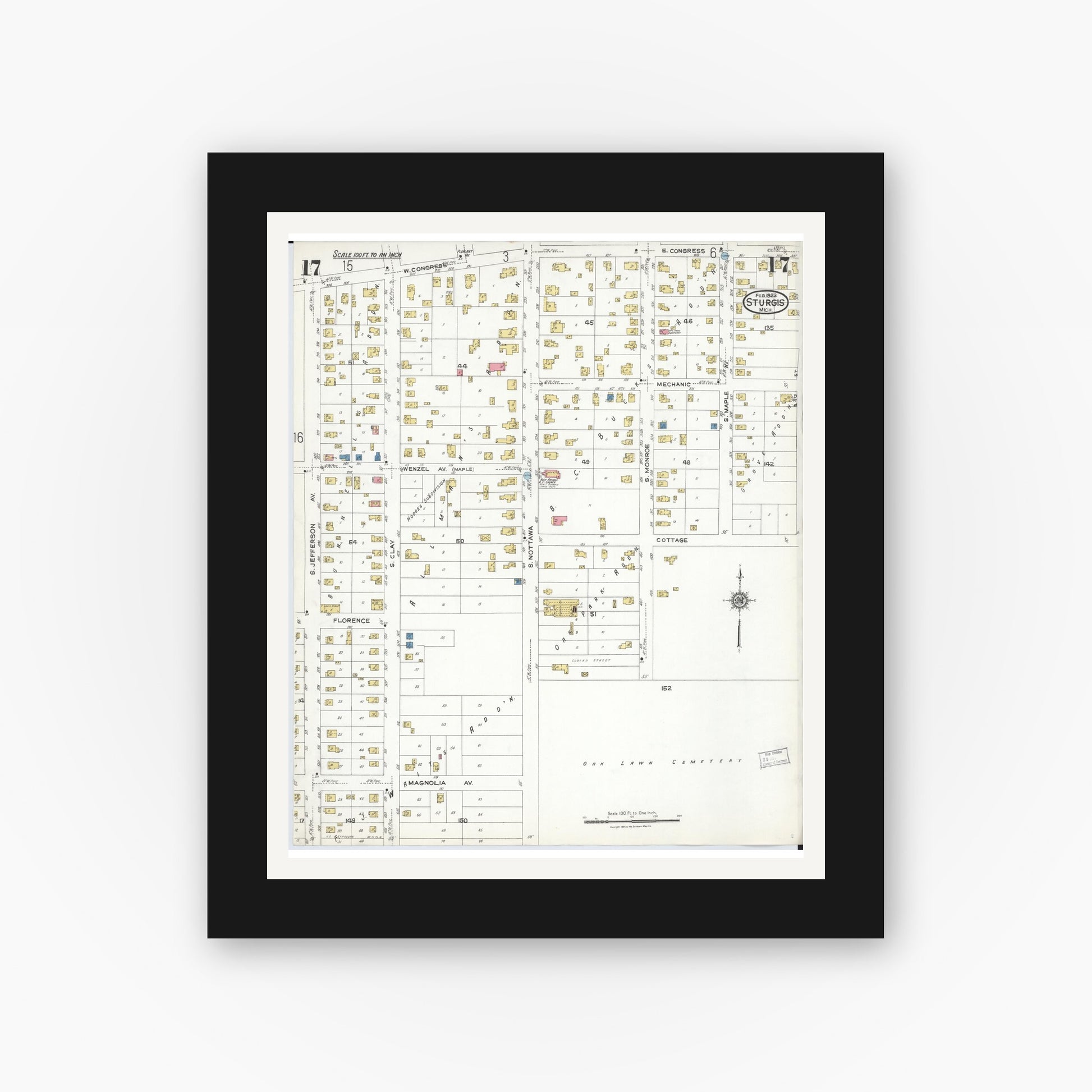 Old map wall art mockup — black gallery frame with white mat — Sanborn Fire Insurance Map from Sturgis, Saint Joseph County, Michigan (1923), Sheet #0017