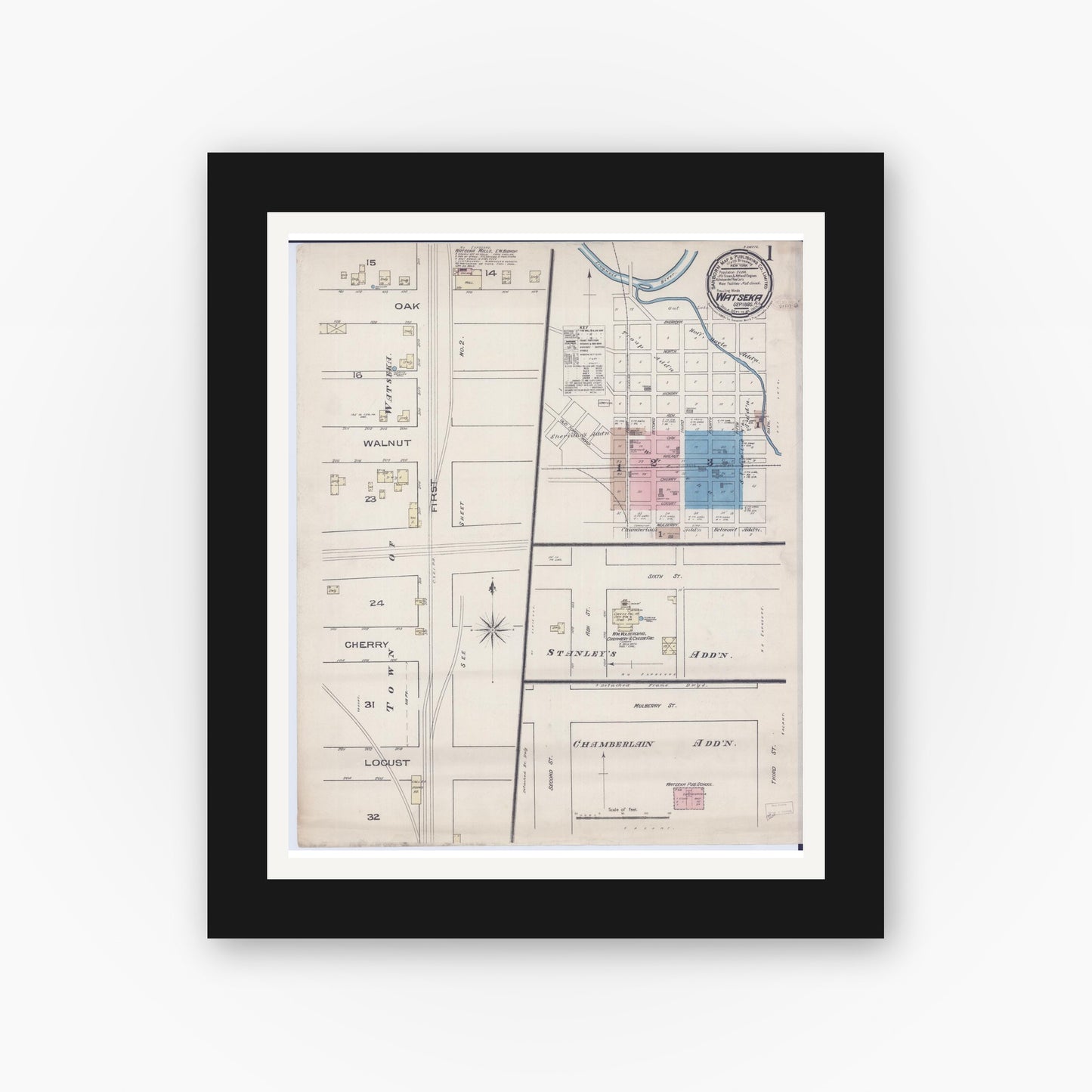 Old map wall art mockup — black gallery frame with white mat — Sanborn Fire Insurance Map from Watseka, Iroquois County, Illinois (1885) - Complete Map Set