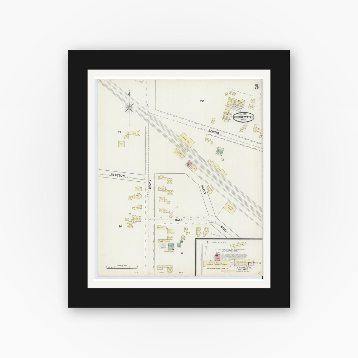 Old map wall art mockup — black gallery frame with white mat — Sanborn Fire Insurance Map from Bridgewater, Plymouth County, Massachusetts (1891), Sheet #0005