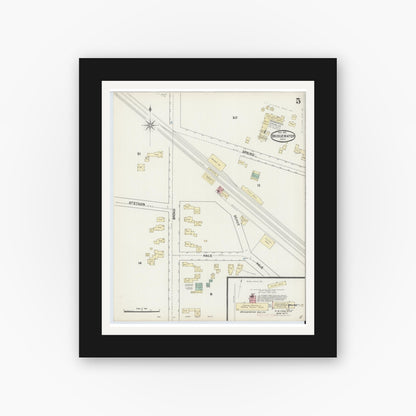 Old map wall art mockup — black gallery frame with white mat — Sanborn Fire Insurance Map from Bridgewater, Plymouth County, Massachusetts (1891), Sheet #0005
