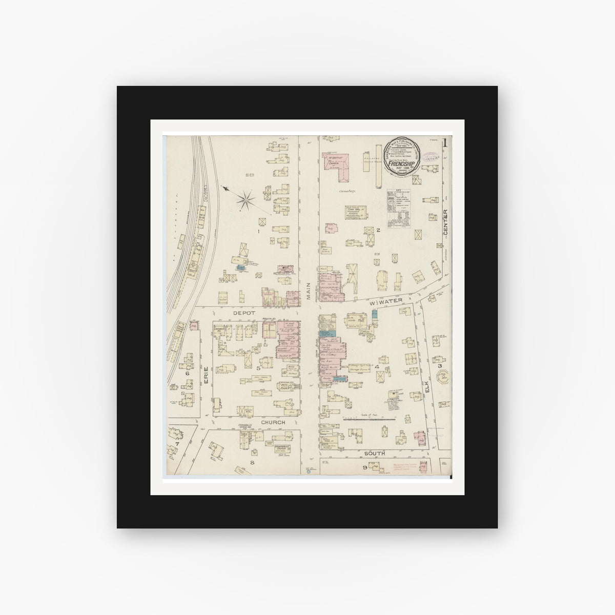 Old map wall art mockup — black gallery frame with white mat — Sanborn Fire Insurance Map from Friendship, Allegany County, New York (1886) - Complete Map Set