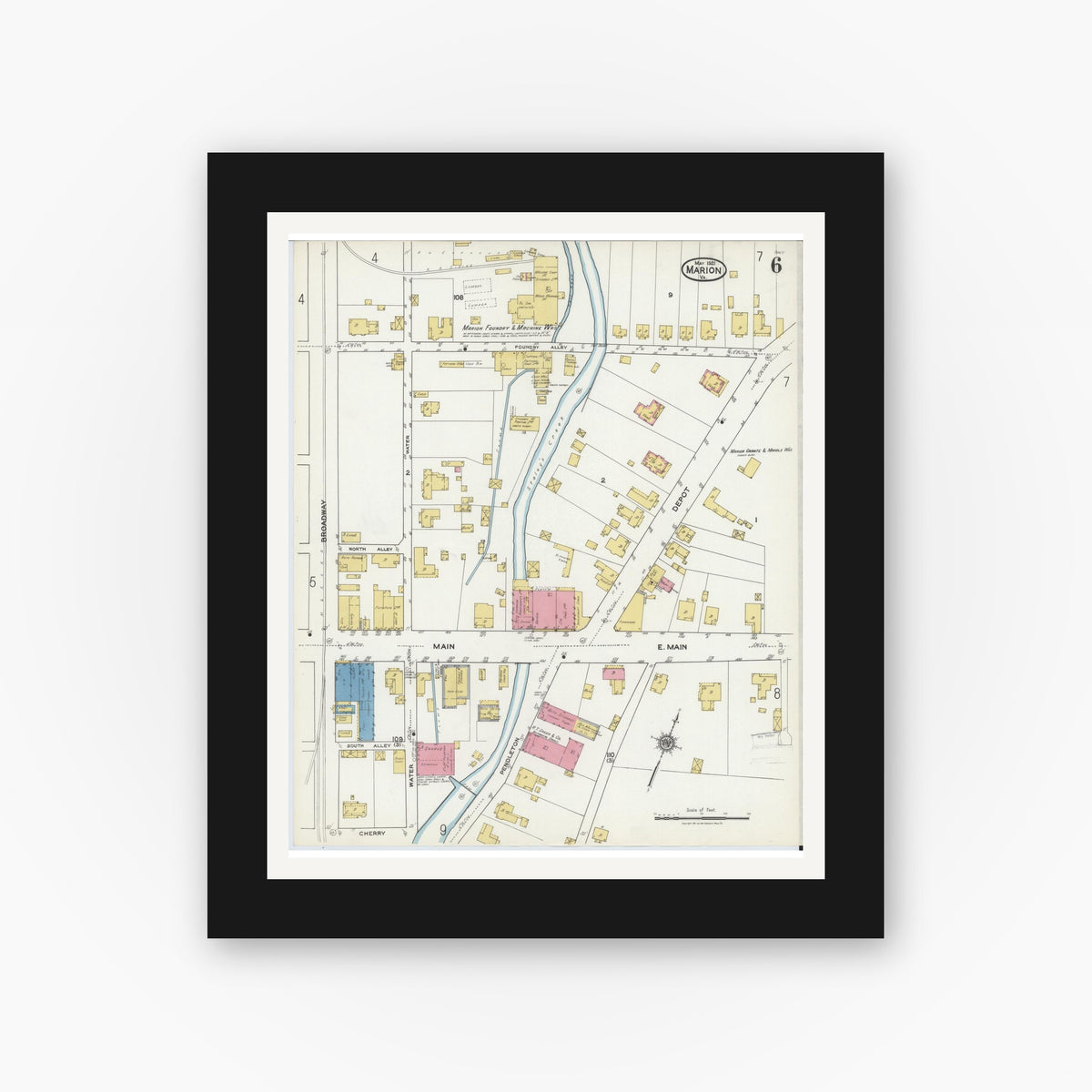 Old map wall art mockup — black gallery frame with white mat — Sanborn Fire Insurance Map from Marion, Smyth County, Virginia (1921), Sheet #0006