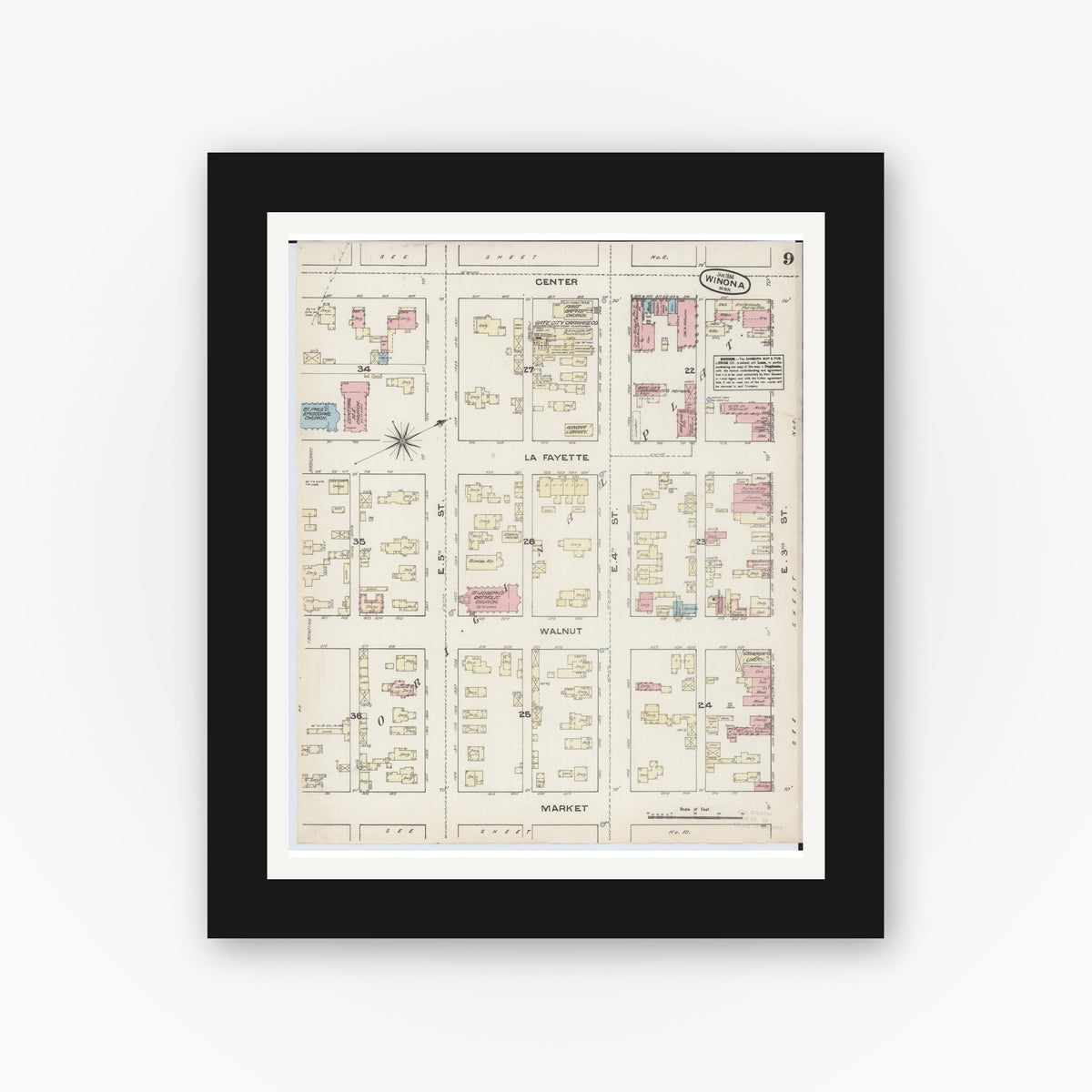 Old map wall art mockup — black gallery frame with white mat — Sanborn Fire Insurance Map from Winona, Winona County, Minnesota (1884), Sheet #0009