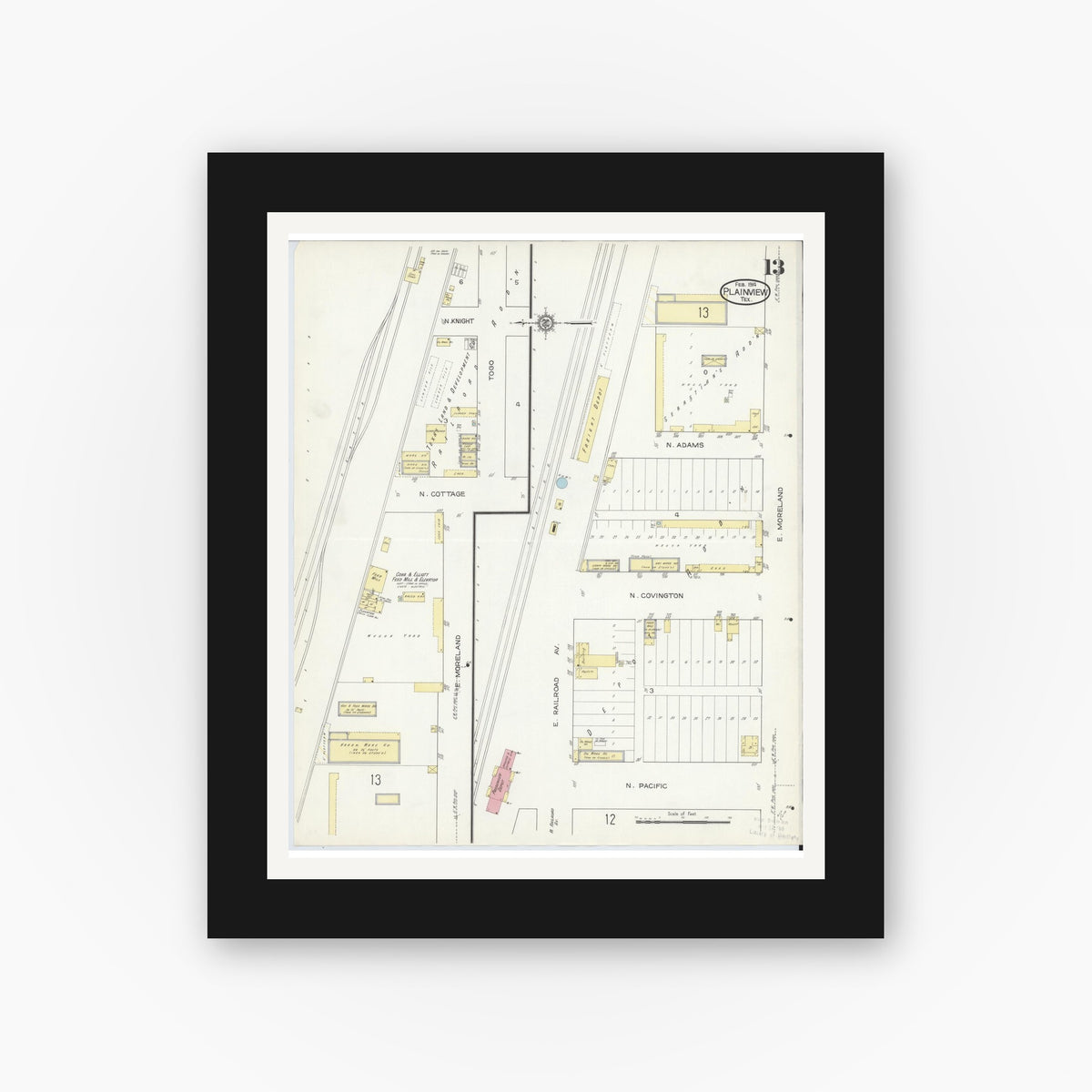 Old map wall art mockup — black gallery frame with white mat — Sanborn Fire Insurance Map from Plainview, Hale County, Texas (1914), Sheet #0013