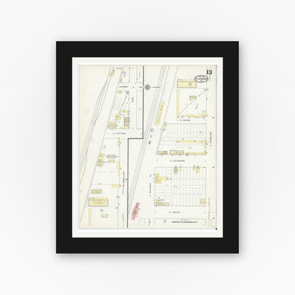 Old map wall art mockup — black gallery frame with white mat — Sanborn Fire Insurance Map from Plainview, Hale County, Texas (1914), Sheet #0013