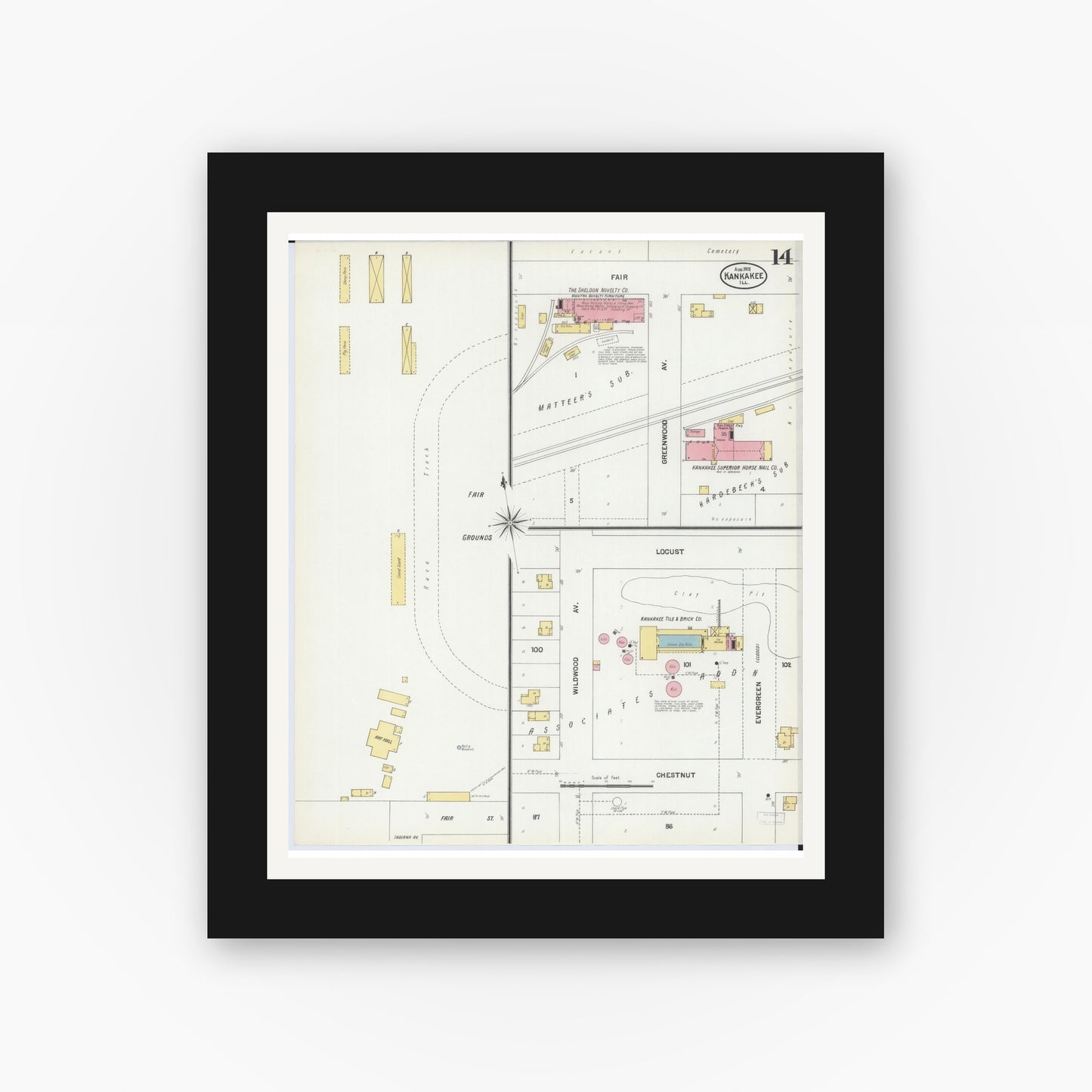 Old map wall art mockup — black gallery frame with white mat — Sanborn Fire Insurance Map from Kankakee, Kankakee County, Illinois (1901), Sheet #0014