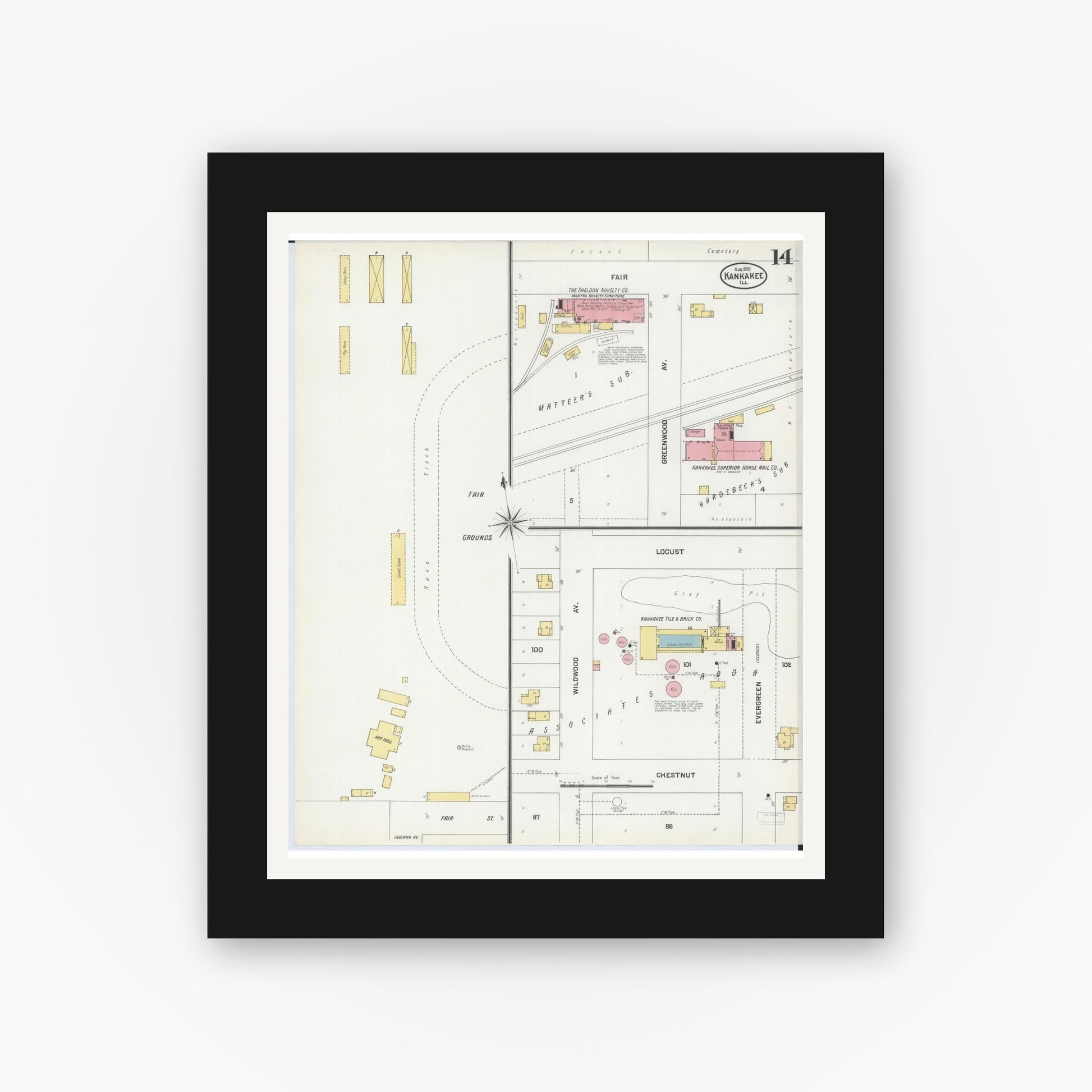 Old map wall art mockup — black gallery frame with white mat — Sanborn Fire Insurance Map from Kankakee, Kankakee County, Illinois (1901), Sheet #0014