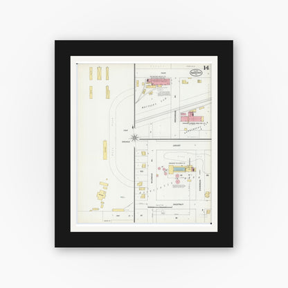Old map wall art mockup — black gallery frame with white mat — Sanborn Fire Insurance Map from Kankakee, Kankakee County, Illinois (1901), Sheet #0014
