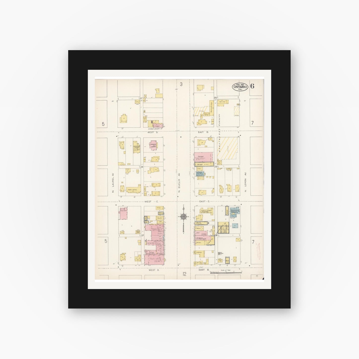 Old map wall art mockup — black gallery frame with white mat — Sanborn Fire Insurance Map from Ontario, San Bernardino County, California (1912), Sheet #0006