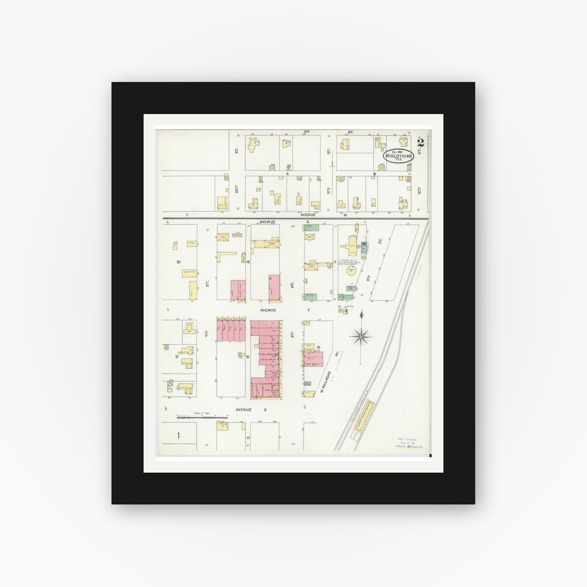 Old map wall art mockup — black gallery frame with white mat — Sanborn Fire Insurance Map from Midlothian, Ellis County, Texas (1904), Sheet #0002
