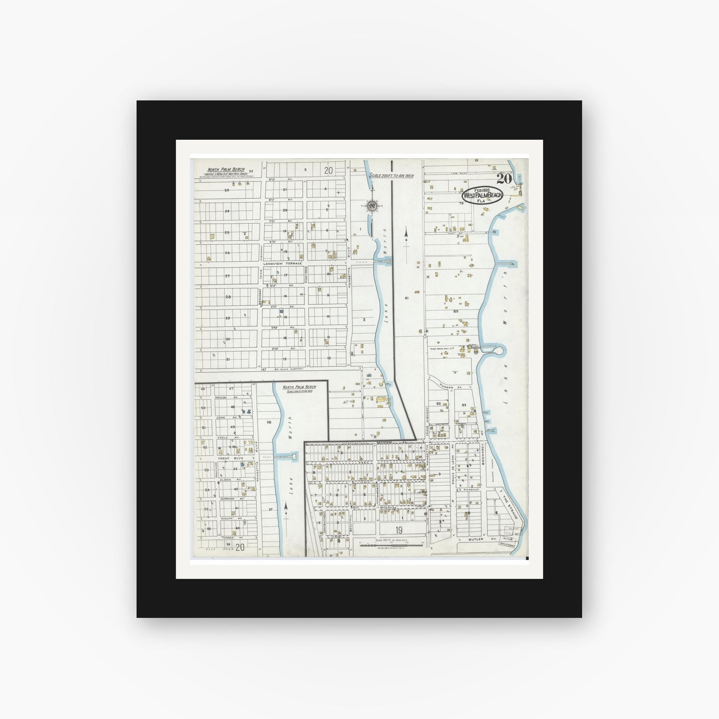 Old map wall art mockup — black gallery frame with white mat — Sanborn Fire Insurance Map from West Palm Beach, Dade County, Florida (1920), Sheet #0020