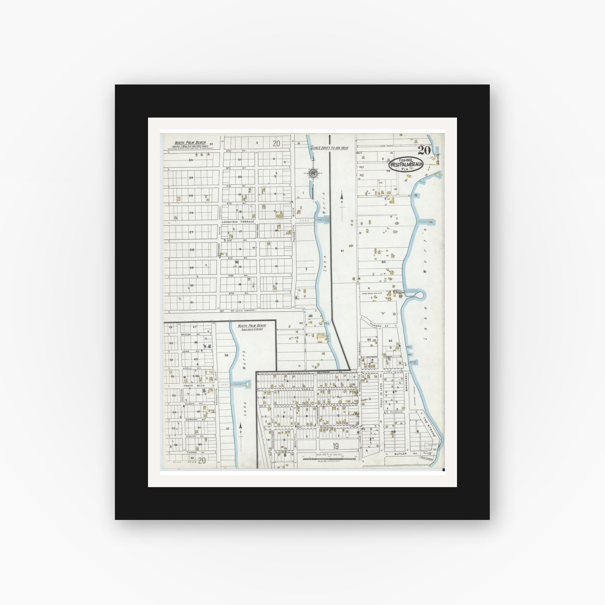 Old map wall art mockup — black gallery frame with white mat — Sanborn Fire Insurance Map from West Palm Beach, Dade County, Florida (1920), Sheet #0020