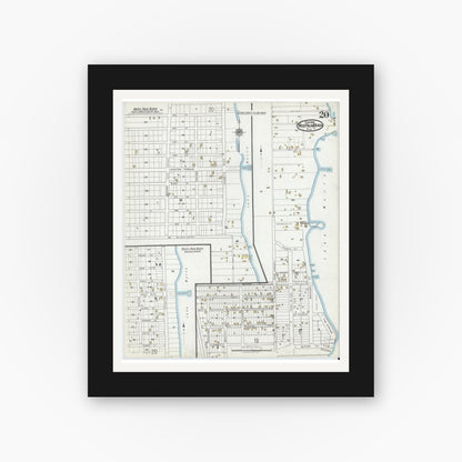 Old map wall art mockup — black gallery frame with white mat — Sanborn Fire Insurance Map from West Palm Beach, Dade County, Florida (1920), Sheet #0020