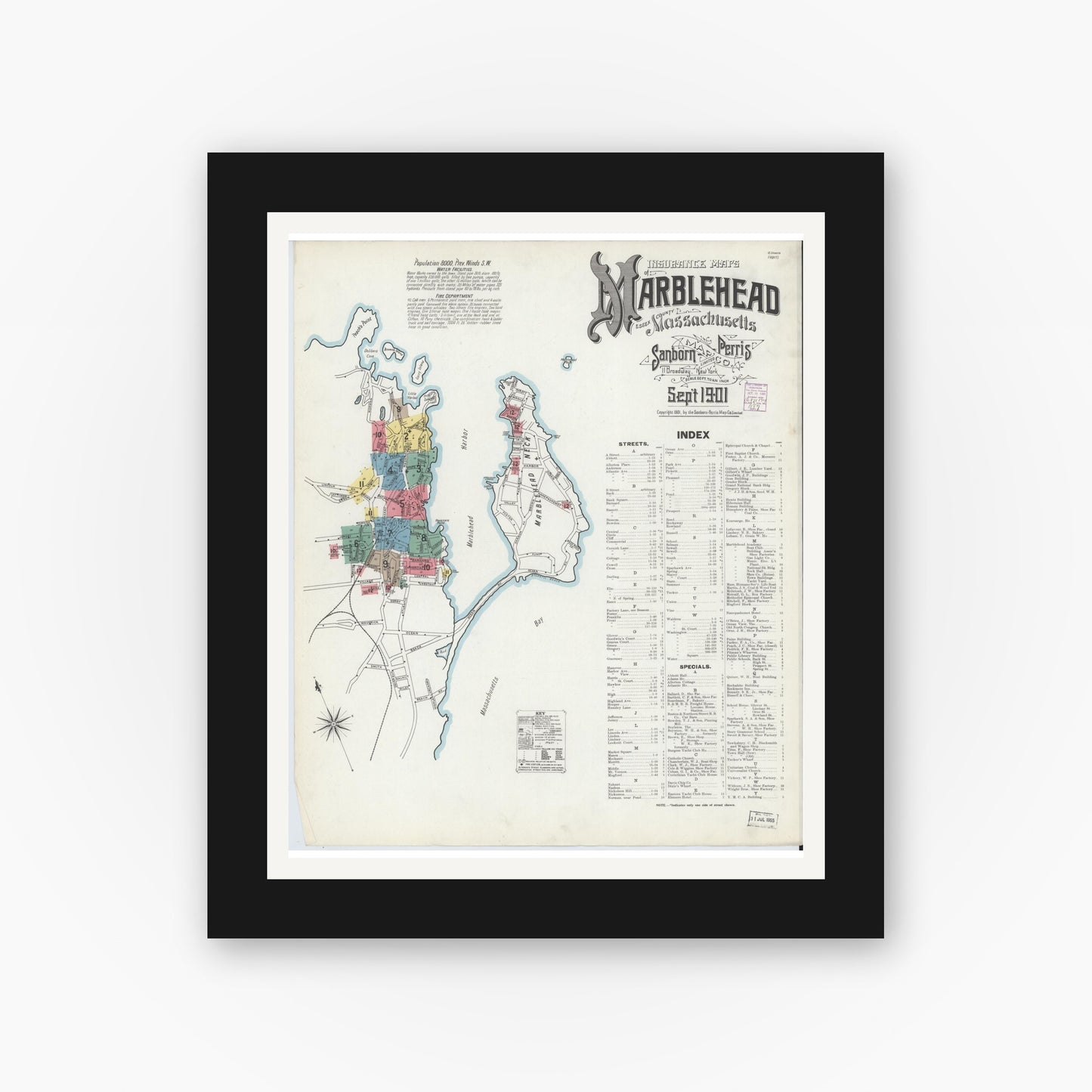 Old map wall art mockup — black gallery frame with white mat — Sanborn Fire Insurance Map from Marblehead, Essex County, Massachusetts (1901) - Complete Map Set