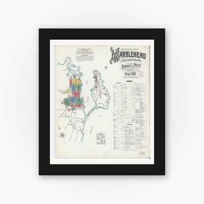 Old map wall art mockup — black gallery frame with white mat — Sanborn Fire Insurance Map from Marblehead, Essex County, Massachusetts (1901) - Complete Map Set