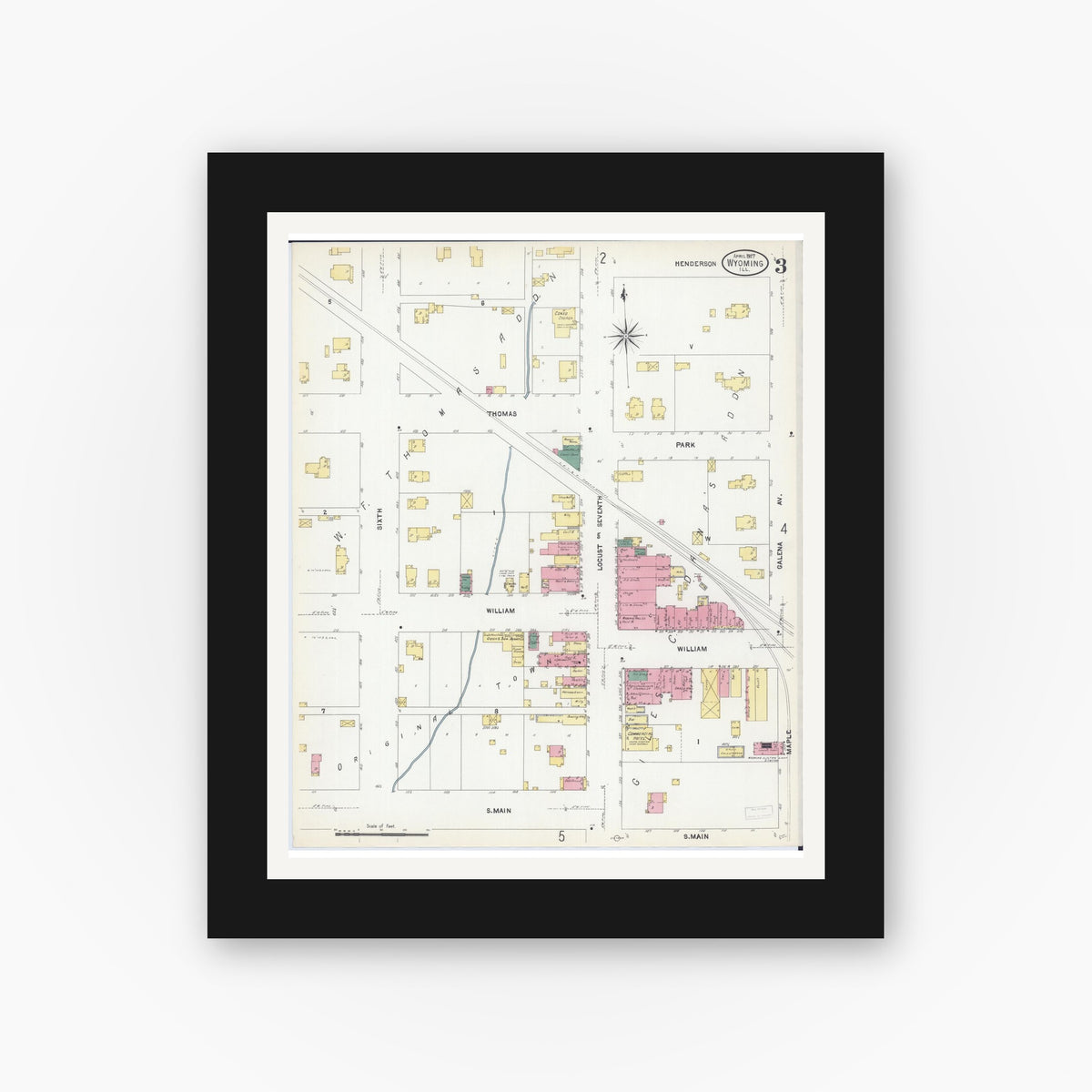 Old map wall art mockup — black gallery frame with white mat — Sanborn Fire Insurance Map from Wyoming, Stark County, Illinois (1907), Sheet #0003