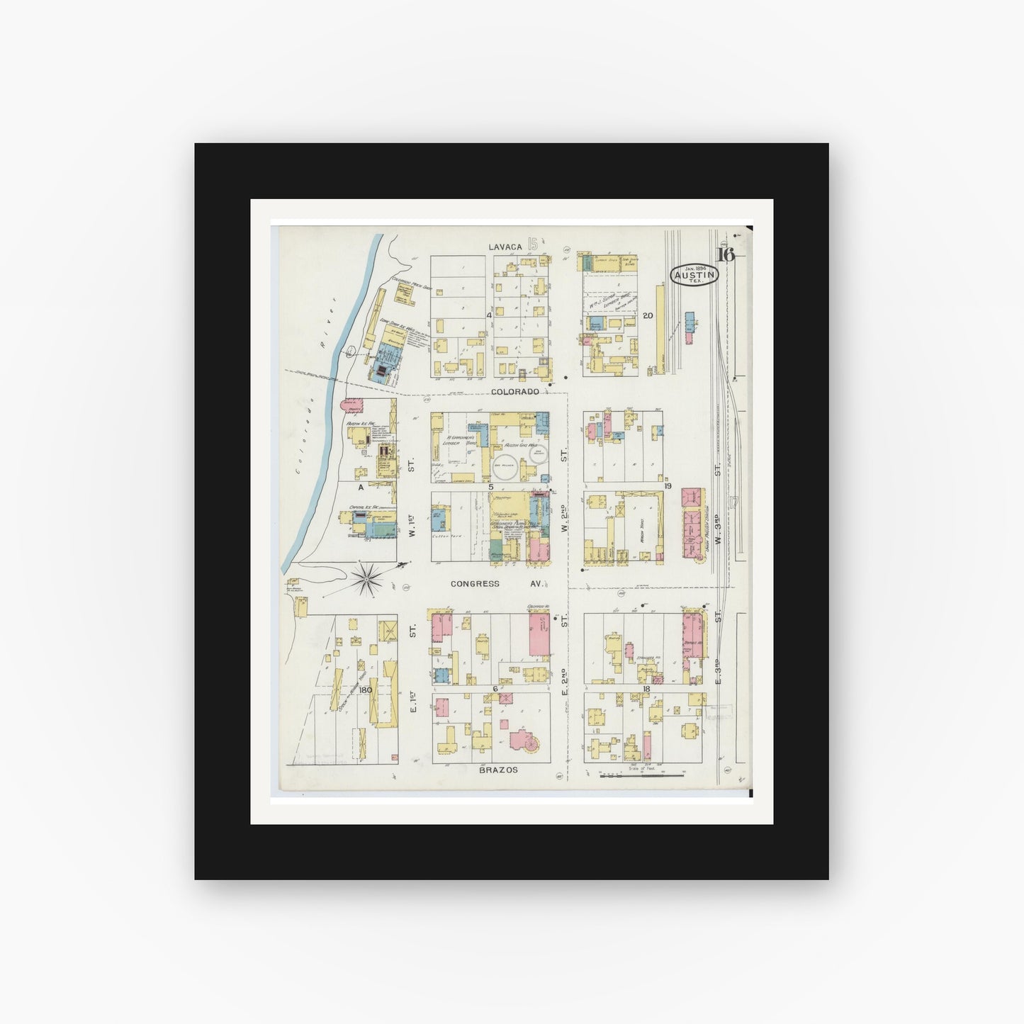 Old map wall art mockup — black gallery frame with white mat — Sanborn Fire Insurance Map from Austin, Travis County, Texas (1894), Sheet #0016