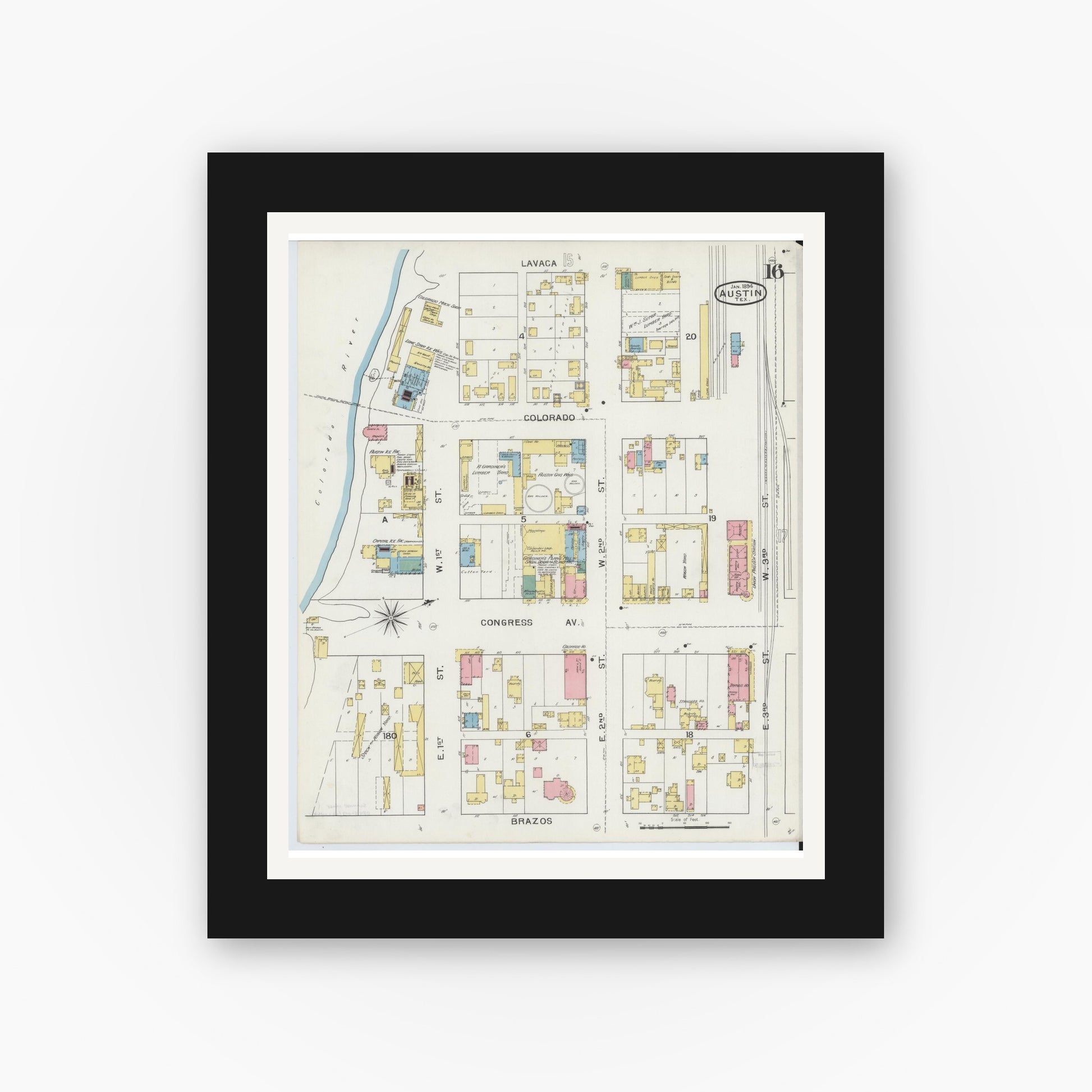 Old map wall art mockup — black gallery frame with white mat — Sanborn Fire Insurance Map from Austin, Travis County, Texas (1894), Sheet #0016
