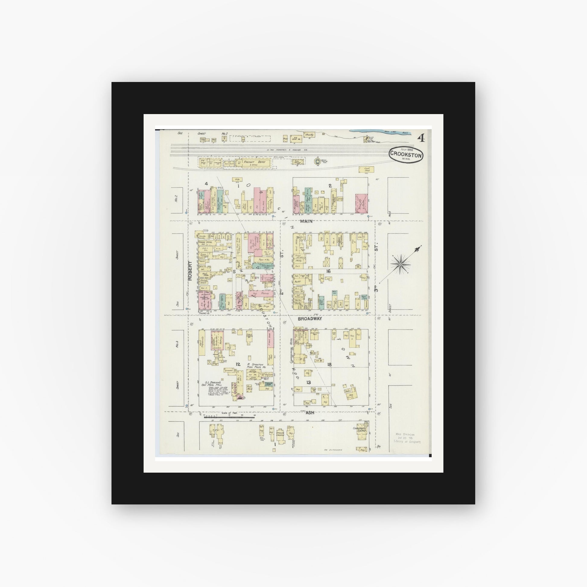 Old map wall art mockup — black gallery frame with white mat — Sanborn Fire Insurance Map from Crookston, Polk County, Minnesota (1890), Sheet #0004