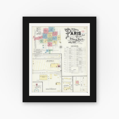 Old map wall art mockup — black gallery frame with white mat — Sanborn Fire Insurance Map from Paris, Lamar County, Texas (1897) - Complete Map Set