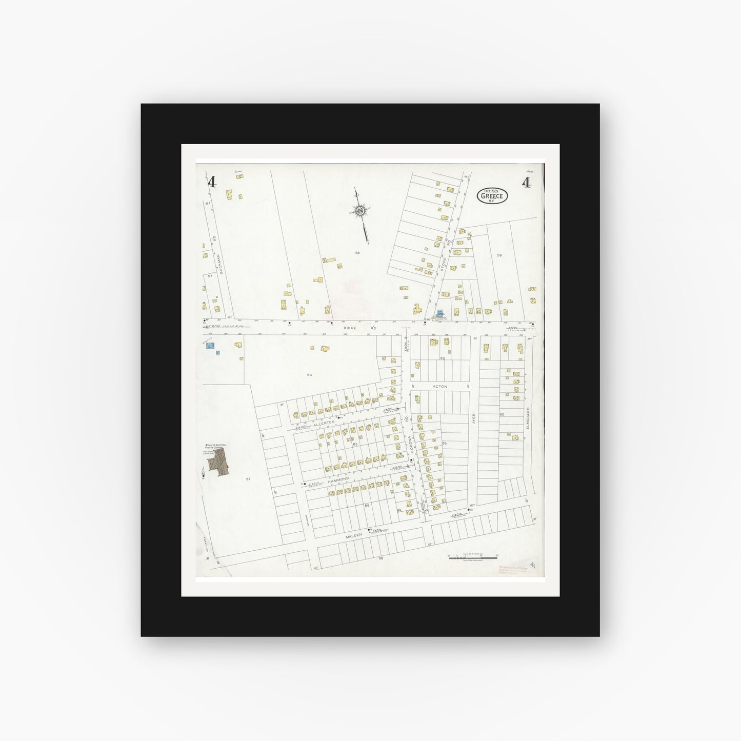 Old map wall art mockup — black gallery frame with white mat — Sanborn Fire Insurance Map from Greece, Monroe County, New York (1929), Sheet #0004