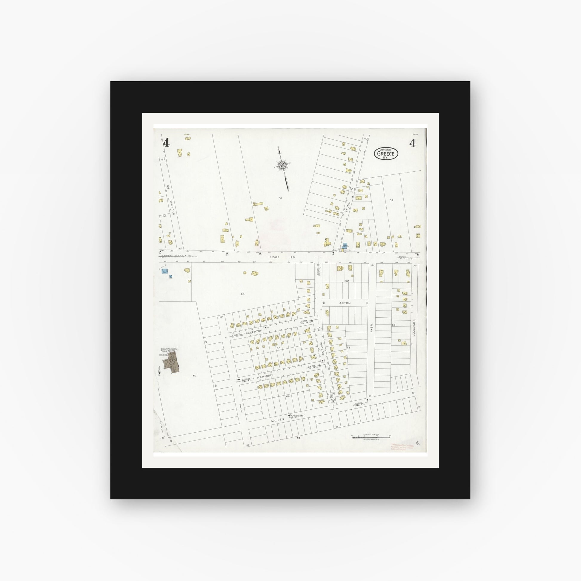 Old map wall art mockup — black gallery frame with white mat — Sanborn Fire Insurance Map from Greece, Monroe County, New York (1929), Sheet #0004