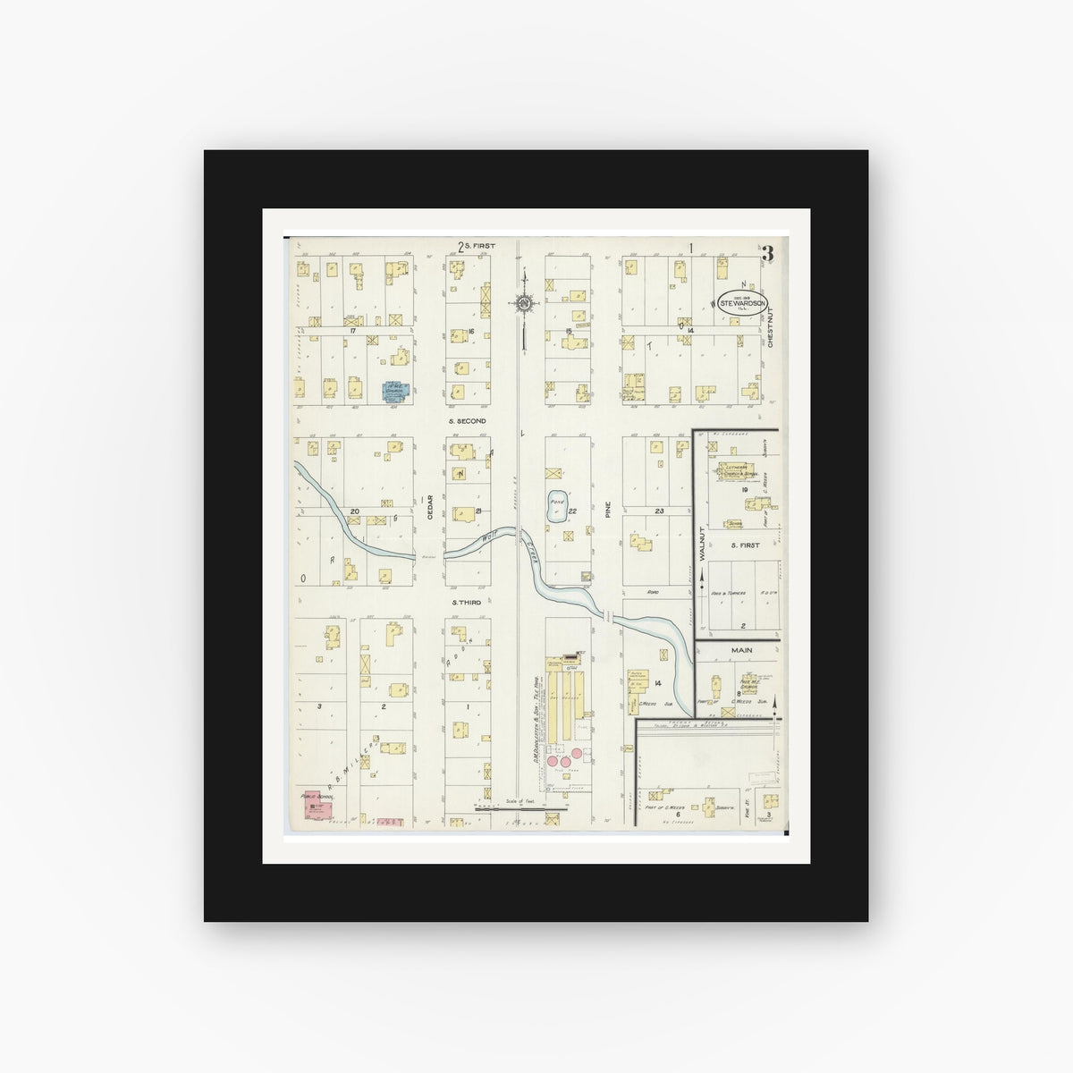 Old map wall art mockup — black gallery frame with white mat — Sanborn Fire Insurance Map from Stewardson, Shelby County, Illinois (1913), Sheet #0003