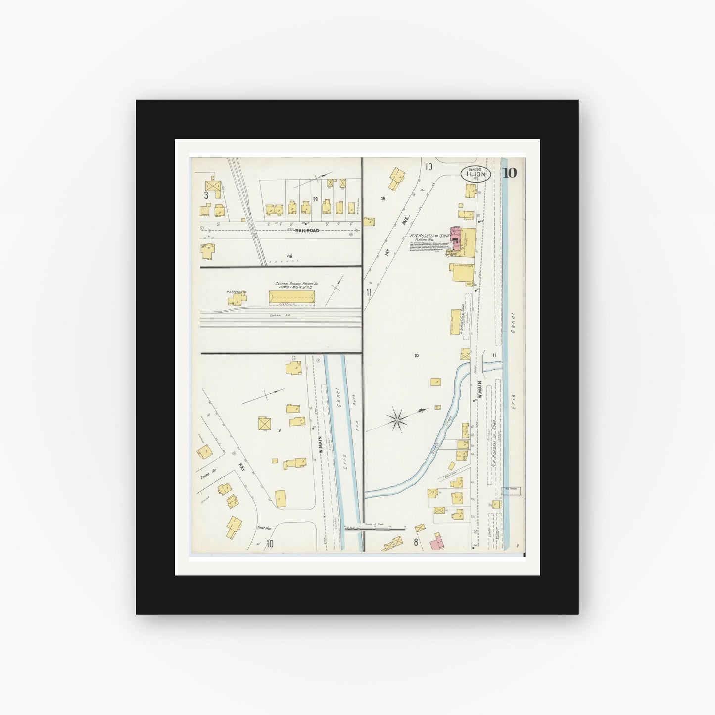 Old map wall art mockup — black gallery frame with white mat — Sanborn Fire Insurance Map from Ilion, Herkimer County, New York (1902), Sheet #0010