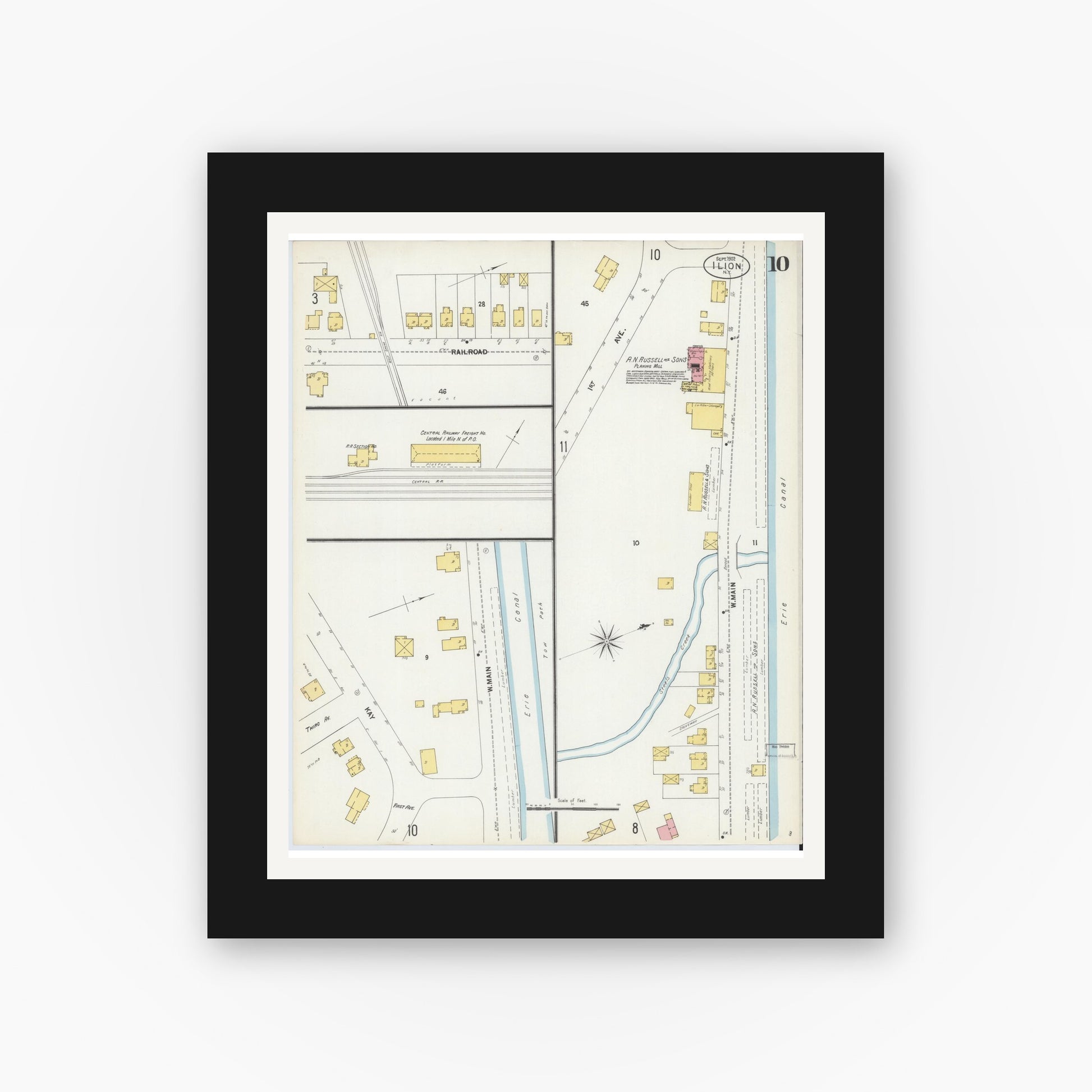 Old map wall art mockup — black gallery frame with white mat — Sanborn Fire Insurance Map from Ilion, Herkimer County, New York (1902), Sheet #0010