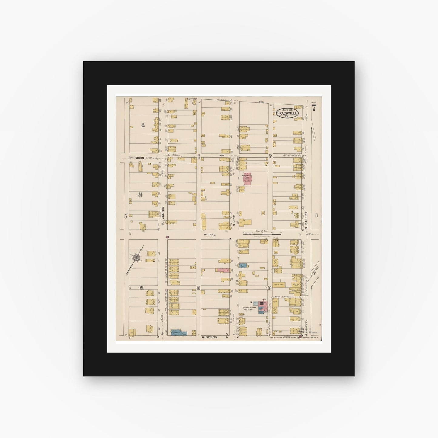 Old map wall art mockup — black gallery frame with white mat — Sanborn Fire Insurance Map from Frackville, Schuylkill County, Pennsylvania (1921), Sheet #0007