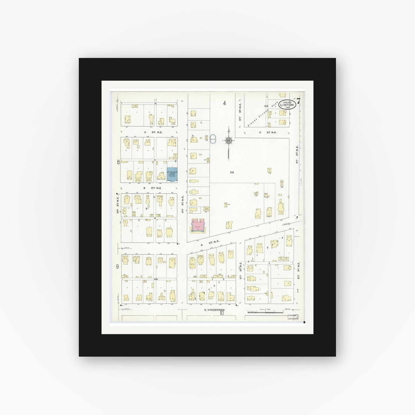 Old map wall art mockup — black gallery frame with white mat — Sanborn Fire Insurance Map from Linton, Greene County, Indiana (1910), Sheet #0007