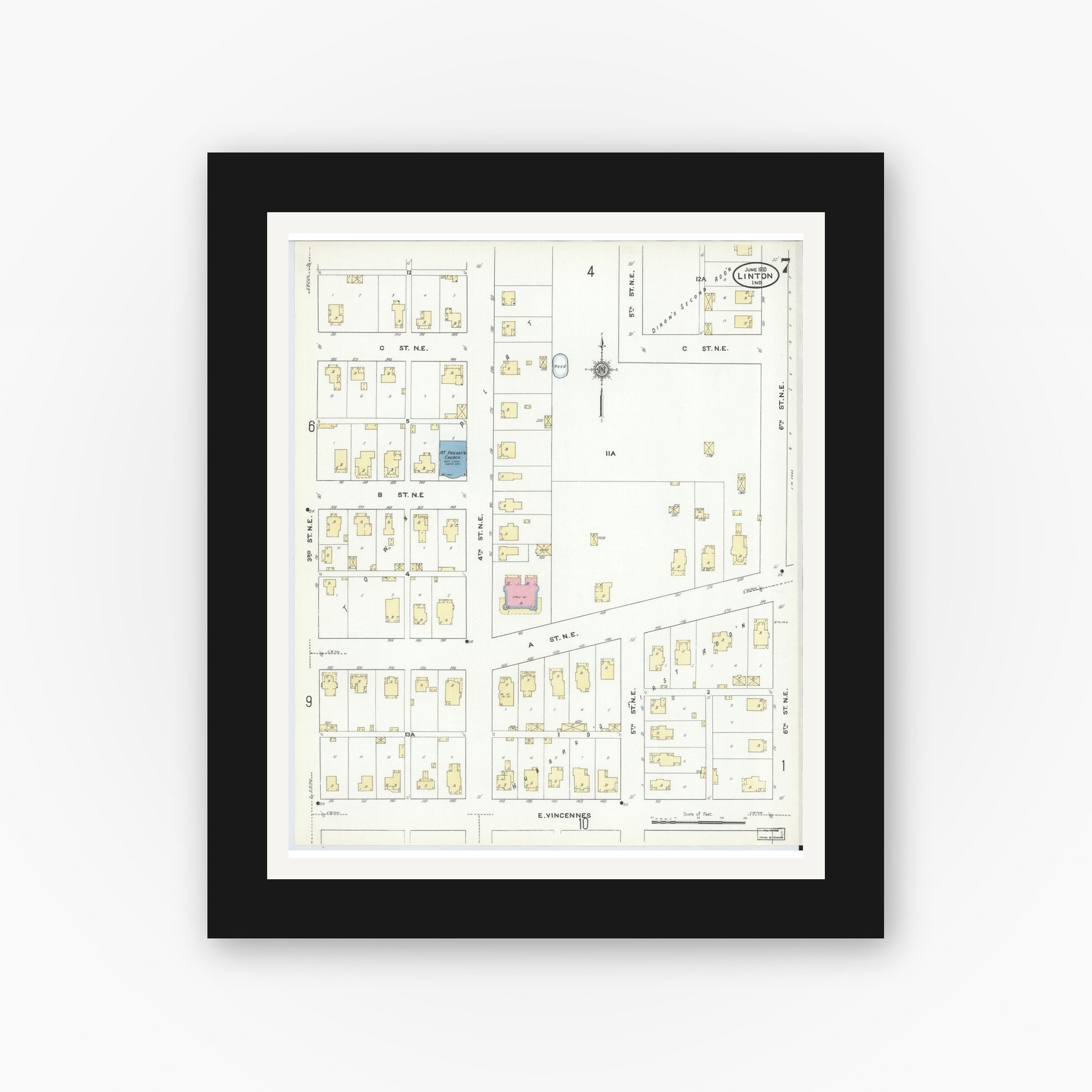 Old map wall art mockup — black gallery frame with white mat — Sanborn Fire Insurance Map from Linton, Greene County, Indiana (1910), Sheet #0007