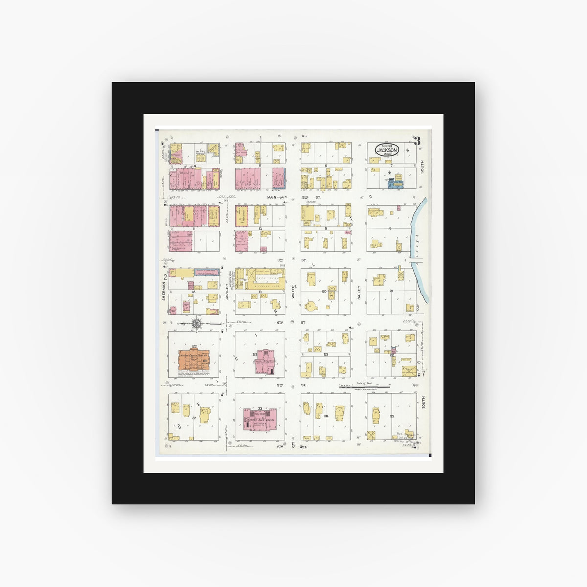 Old map wall art mockup — black gallery frame with white mat — Sanborn Fire Insurance Map from Jackson, Jackson County, Minnesota (1917), Sheet #0003