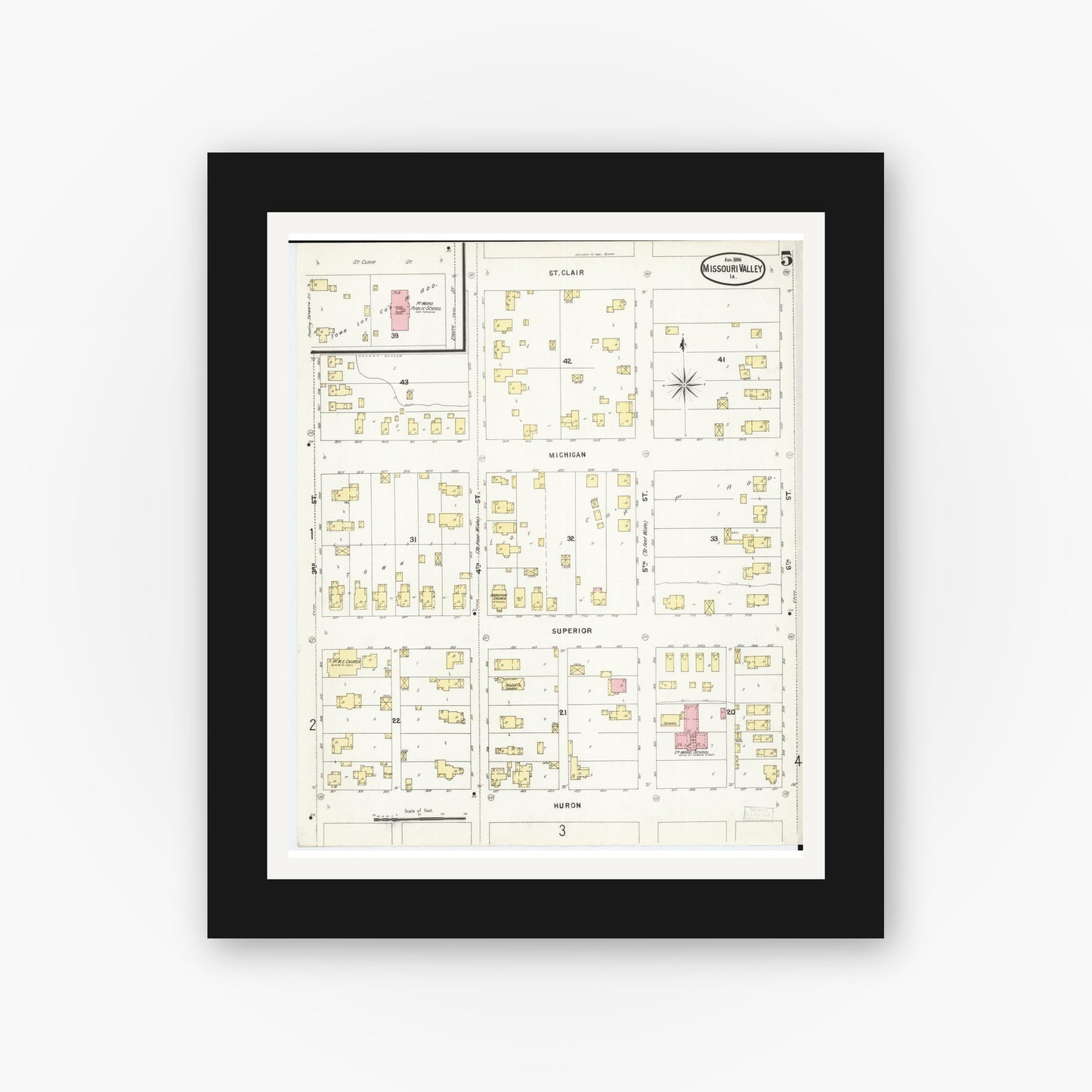 Old map wall art mockup — black gallery frame with white mat — Sanborn Fire Insurance Map from Missouri Valley, Harrison County, Iowa (1896), Sheet #0005