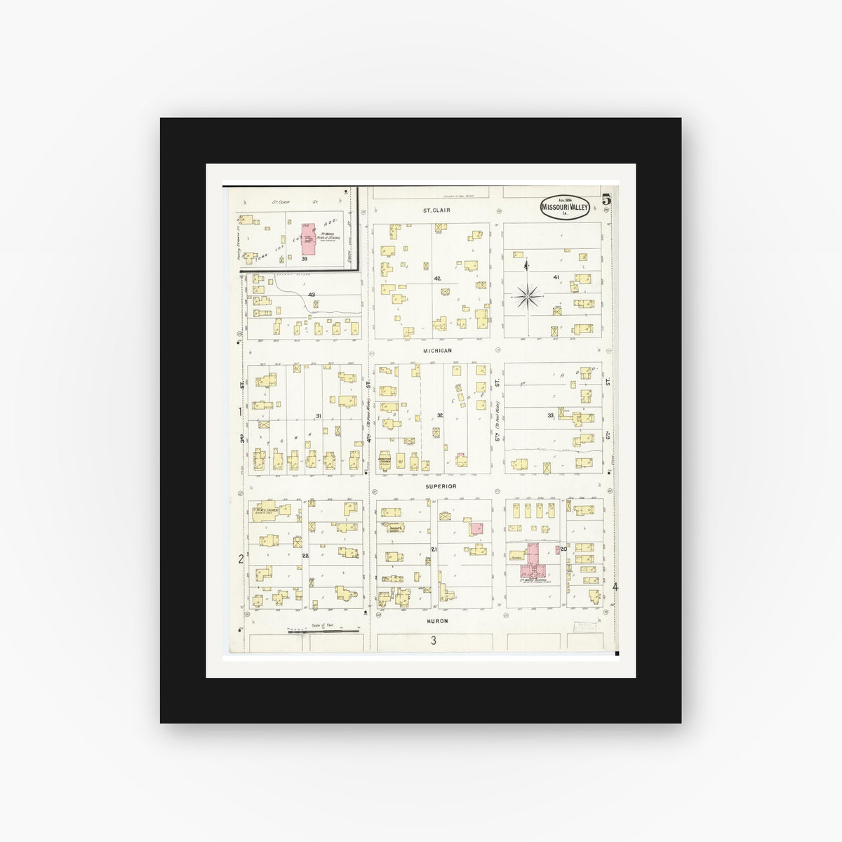 Old map wall art mockup — black gallery frame with white mat — Sanborn Fire Insurance Map from Missouri Valley, Harrison County, Iowa (1896), Sheet #0005