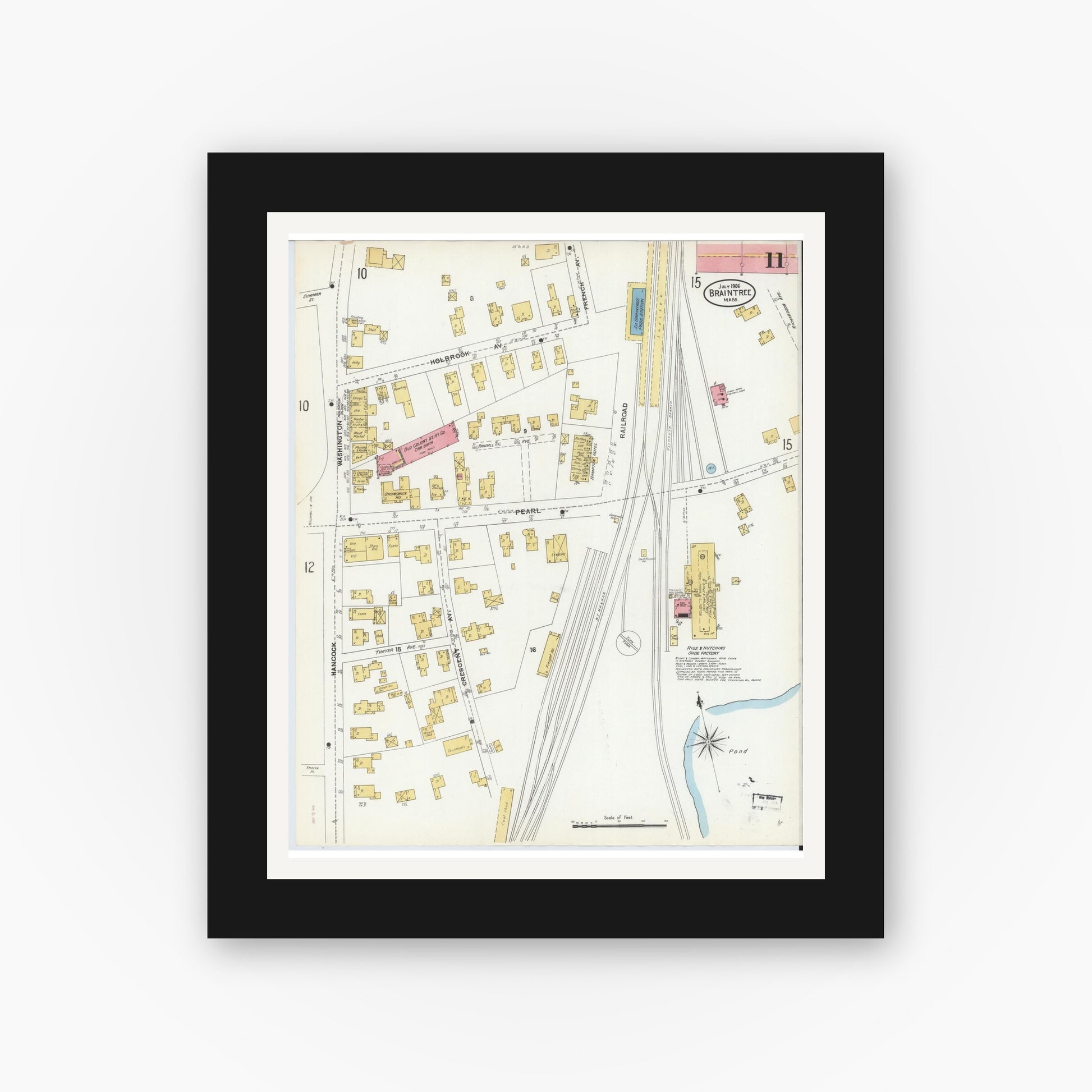 Old map wall art mockup — black gallery frame with white mat — Sanborn Fire Insurance Map from Braintree, Norfolk County, Massachusetts (1906), Sheet #0011