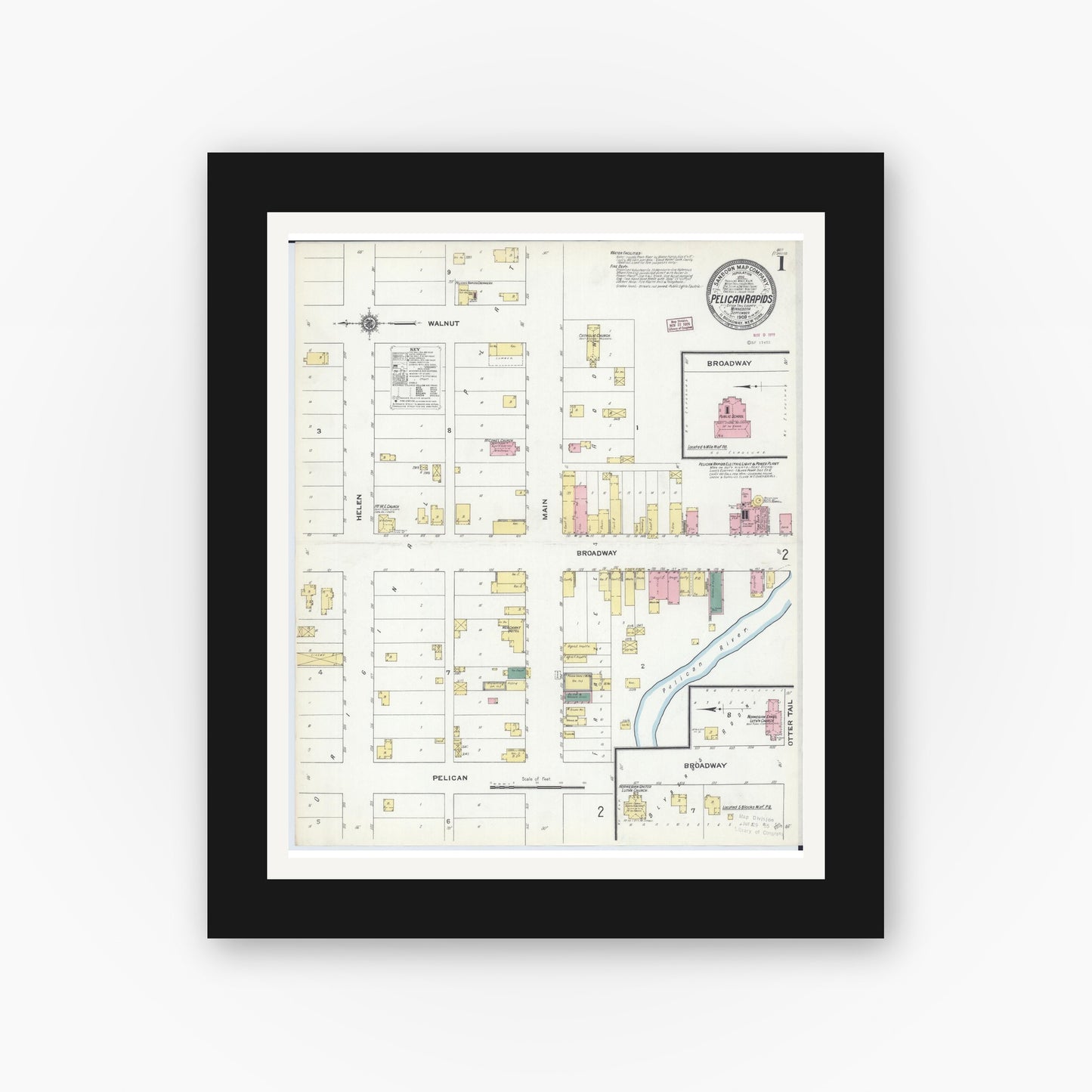 Old map wall art mockup — black gallery frame with white mat — Sanborn Fire Insurance Map from Pelican Rapids, Otter Tail County, Minnesota (1909) - Complete Map Set