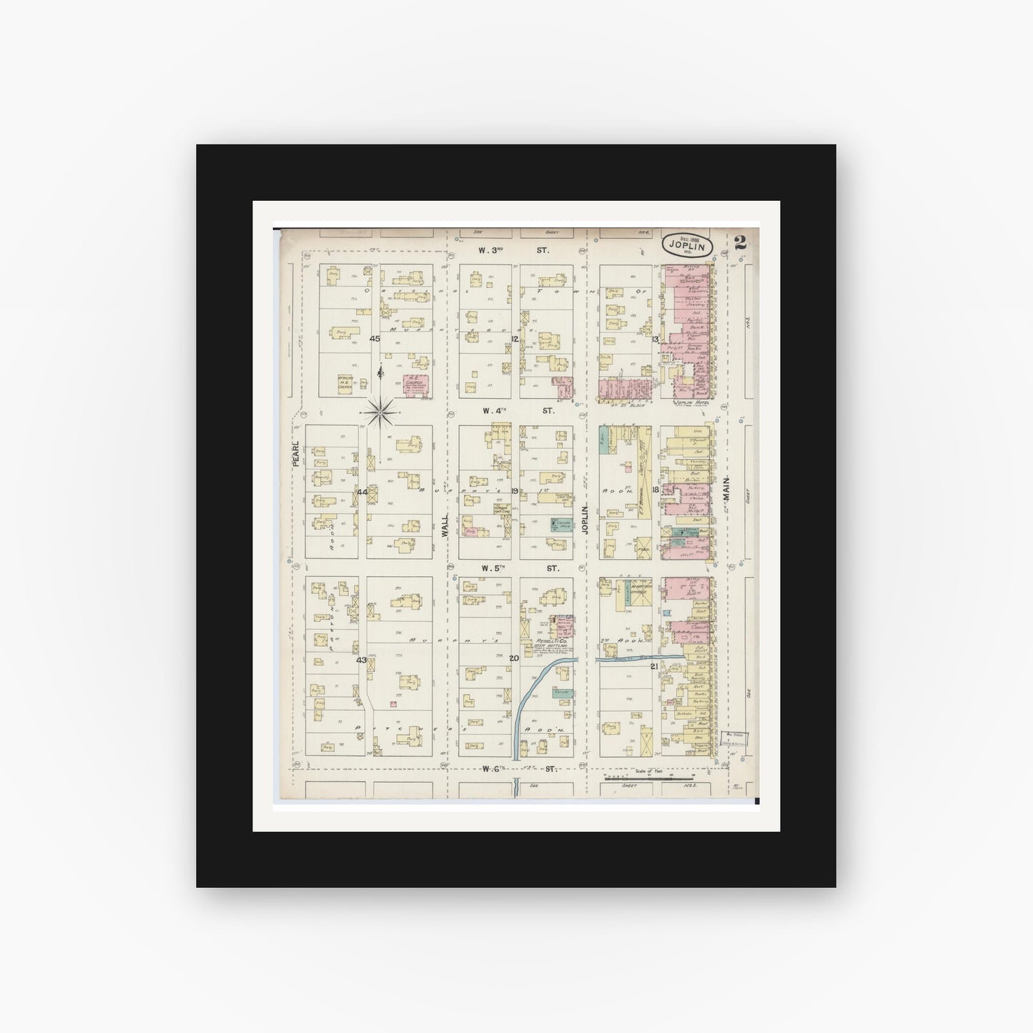 Old map wall art mockup — black gallery frame with white mat — Sanborn Fire Insurance Map from Joplin, Jasper County, Missouri (1888), Sheet #0002