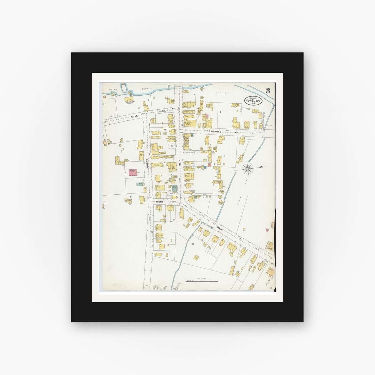 Old map wall art mockup — black gallery frame with white mat — Sanborn Fire Insurance Map from New Egypt, Ocean County, New Jersey (1905), Sheet #0003