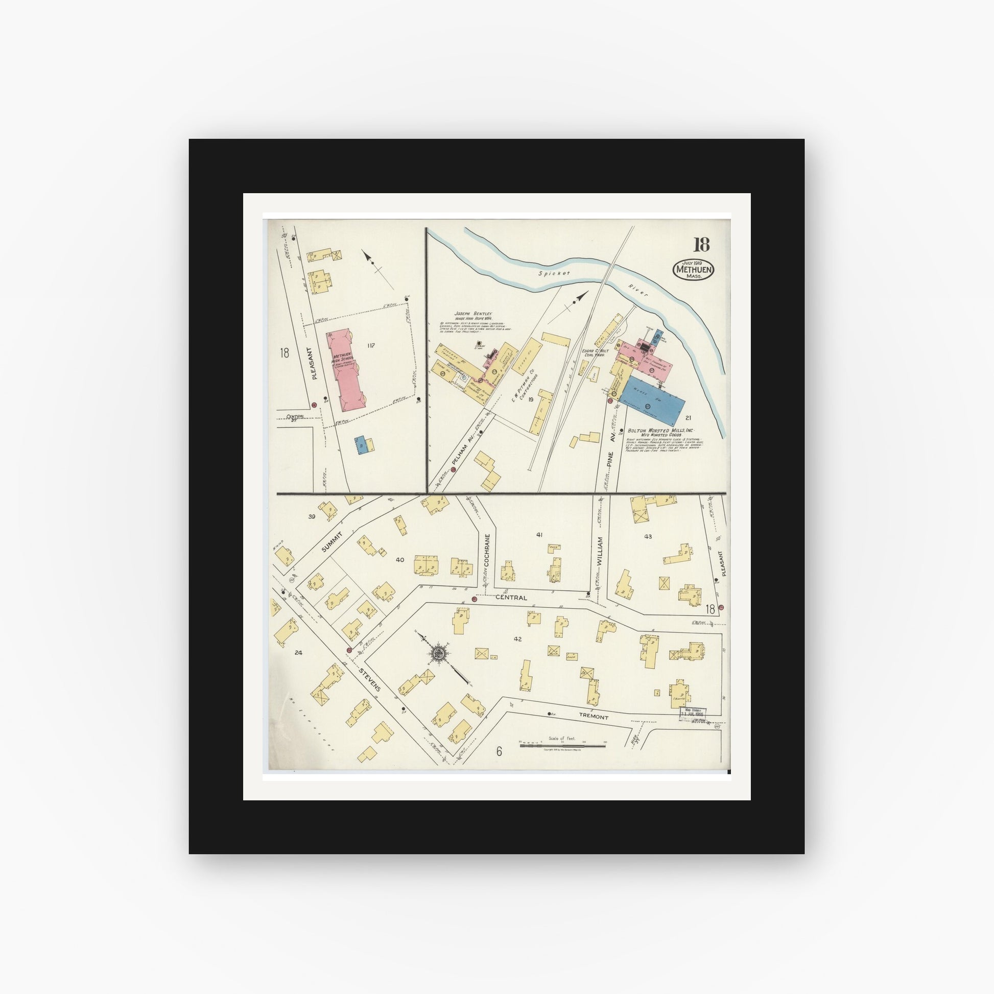 Old map wall art mockup — black gallery frame with white mat — Sanborn Fire Insurance Map from Methuen, Essex County, Massachusetts (1919), Sheet #0018