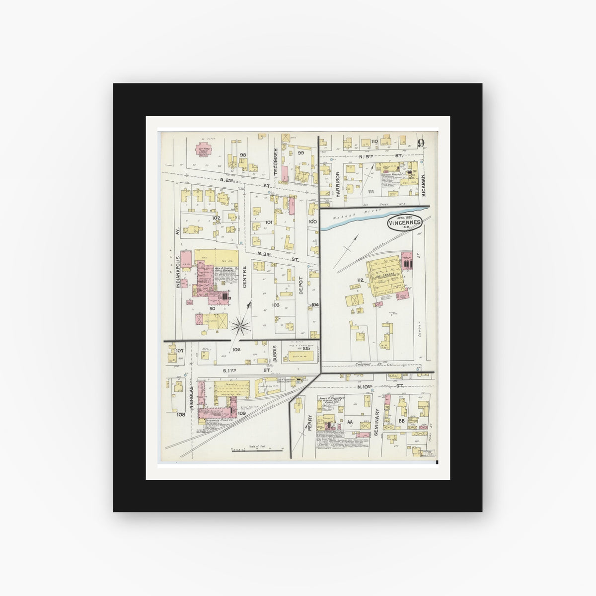 Old map wall art mockup — black gallery frame with white mat — Sanborn Fire Insurance Map from Vincennes, Knox County, Indiana (1892), Sheet #0009