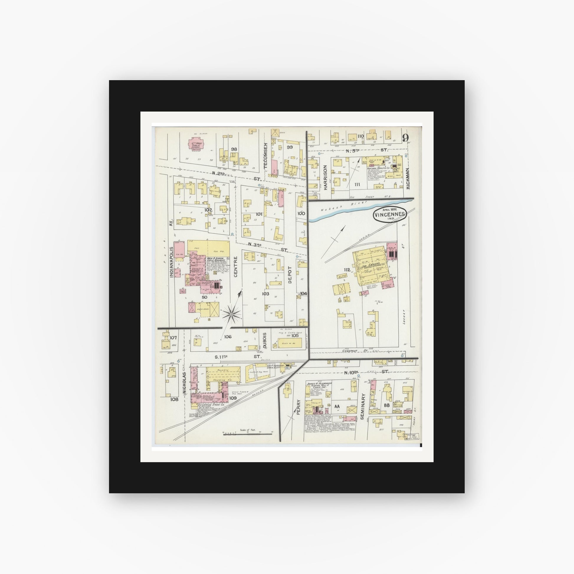 Old map wall art mockup — black gallery frame with white mat — Sanborn Fire Insurance Map from Vincennes, Knox County, Indiana (1892), Sheet #0009