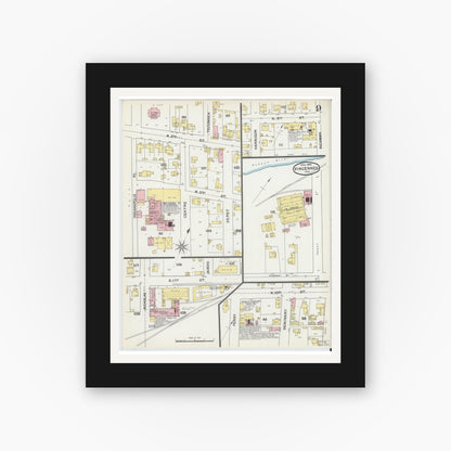 Old map wall art mockup — black gallery frame with white mat — Sanborn Fire Insurance Map from Vincennes, Knox County, Indiana (1892), Sheet #0009