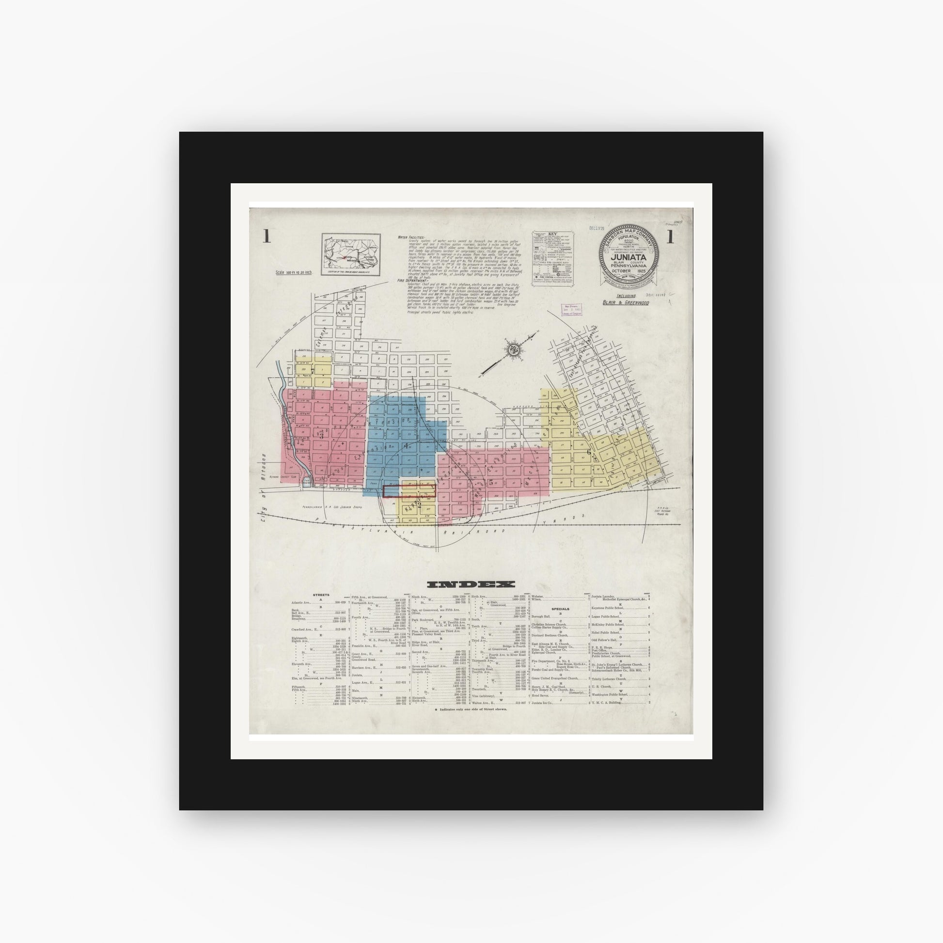 Old map wall art mockup — black gallery frame with white mat — Sanborn Fire Insurance Map from Juniata, Blair County, Pennsylvania (1925), Sheet #0001