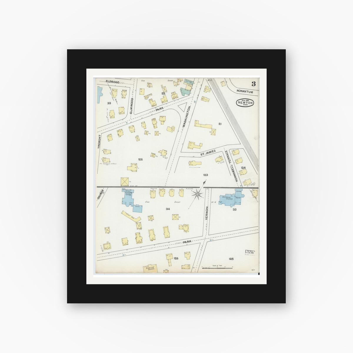 Old map wall art mockup — black gallery frame with white mat — Sanborn Fire Insurance Map from Newton, Middlesex County, Massachusetts (1892), Sheet #0003