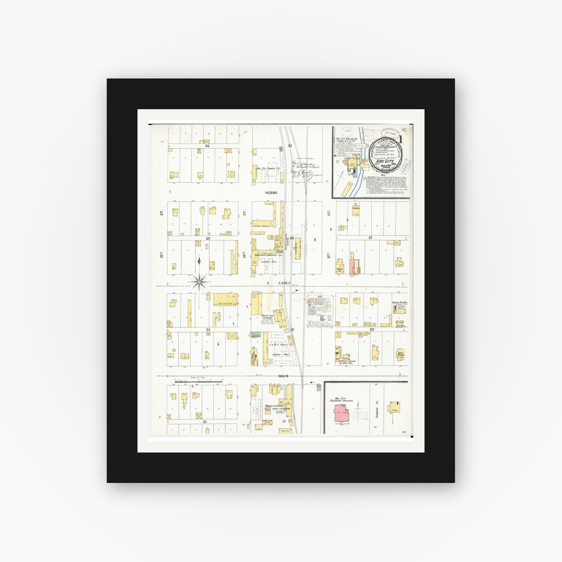 Old map wall art mockup — black gallery frame with white mat — Sanborn Fire Insurance Map from Sac City, Sac County, Iowa (1899), Sheet #0001