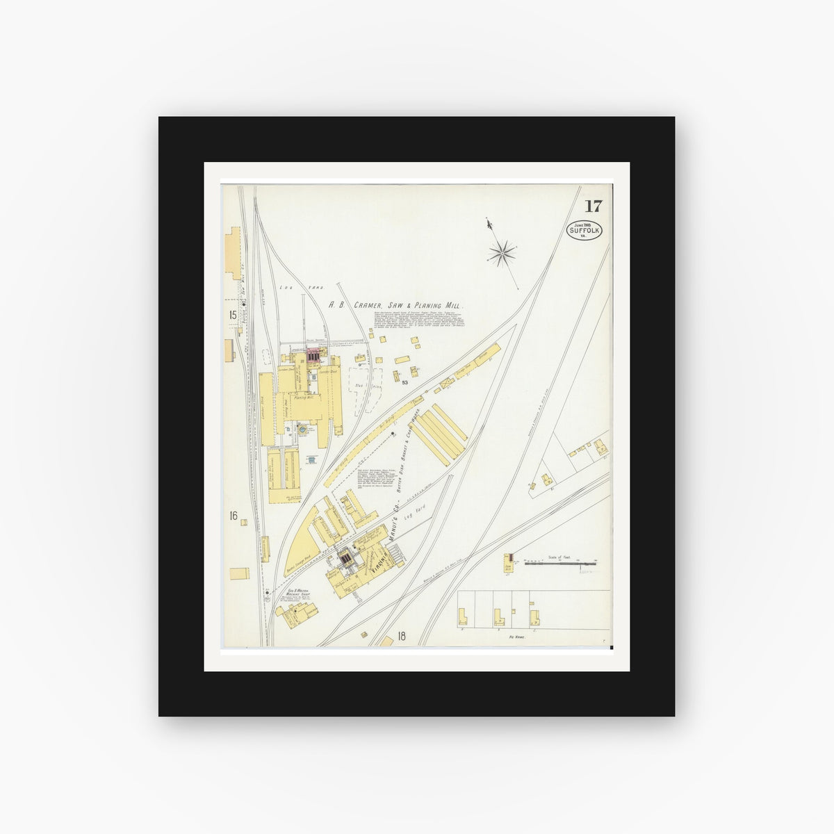 Old map wall art mockup — black gallery frame with white mat — Sanborn Fire Insurance Map from Suffolk, Independent Cities, Virginia (1903), Sheet #0017
